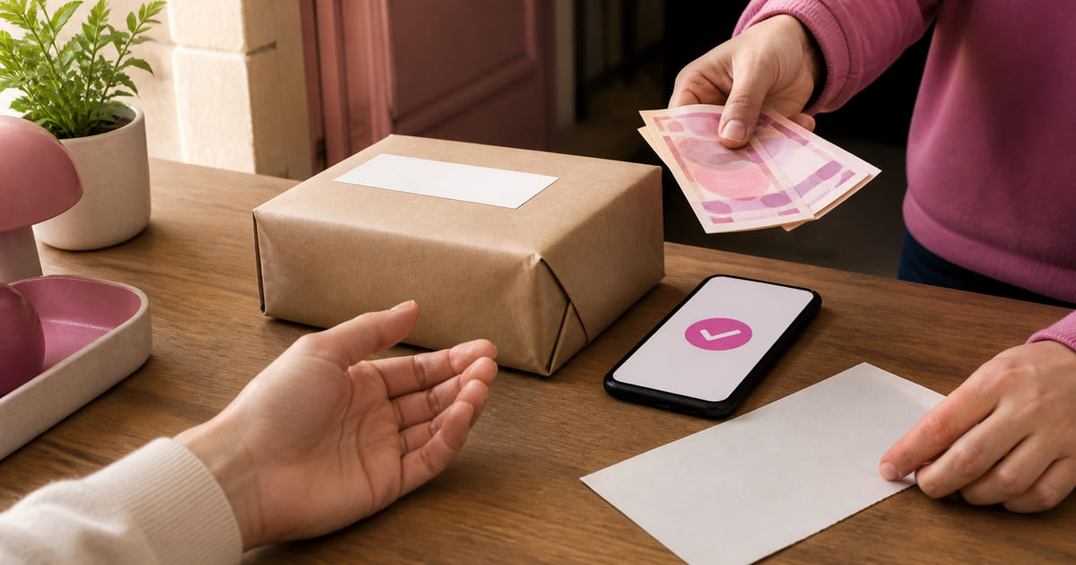 Banknotes handed across a counter beside a wrapped parcel, a phone showing a confirmation tick and a blank transfer slip